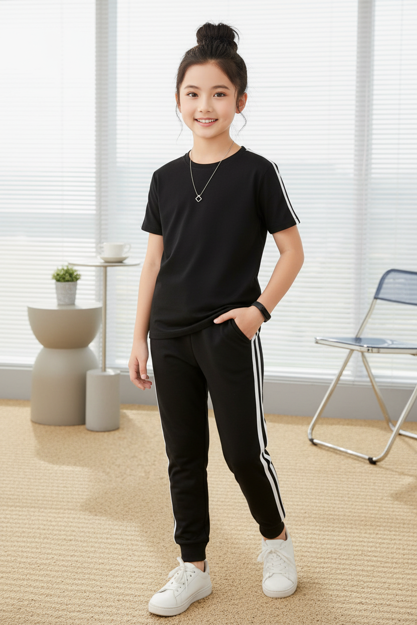 Girl wearing black t-shirt and jogger set with white side stripes