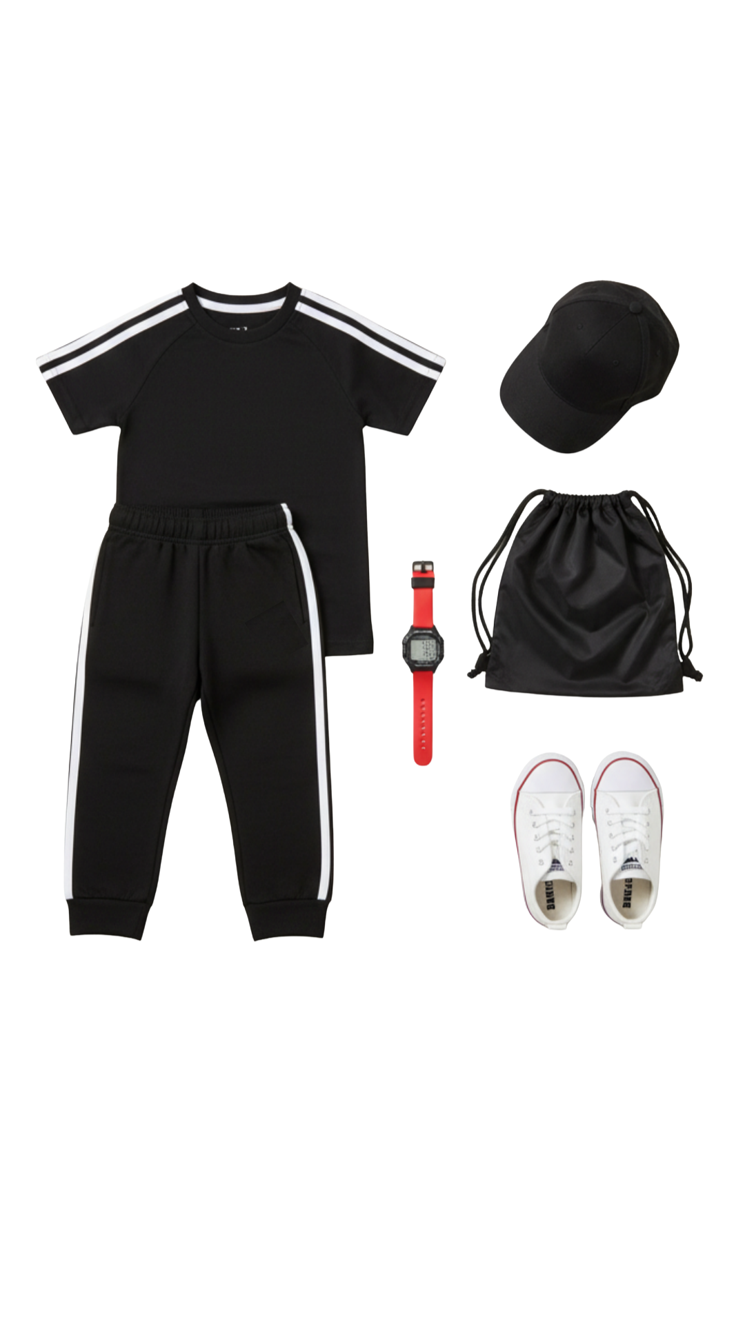 Girl wearing black t-shirt and jogger set with white side stripes