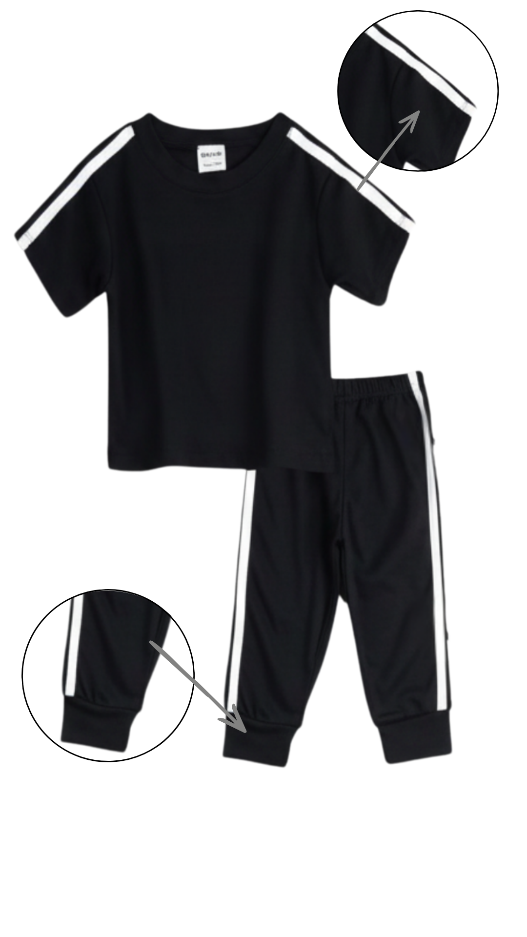 Girl wearing black t-shirt and jogger set with white side stripes