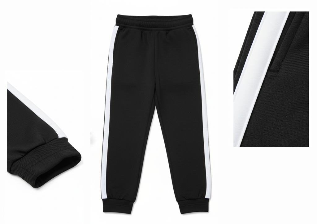 Girl wearing black t-shirt and jogger set with white side stripes