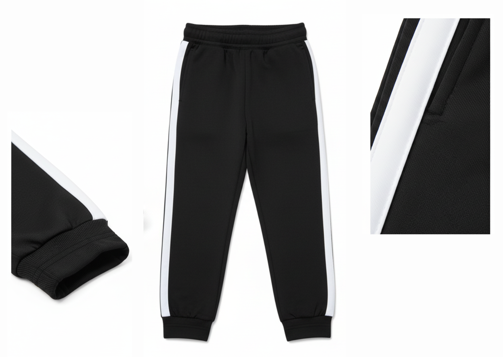 Girl wearing black t-shirt and jogger set with white side stripes