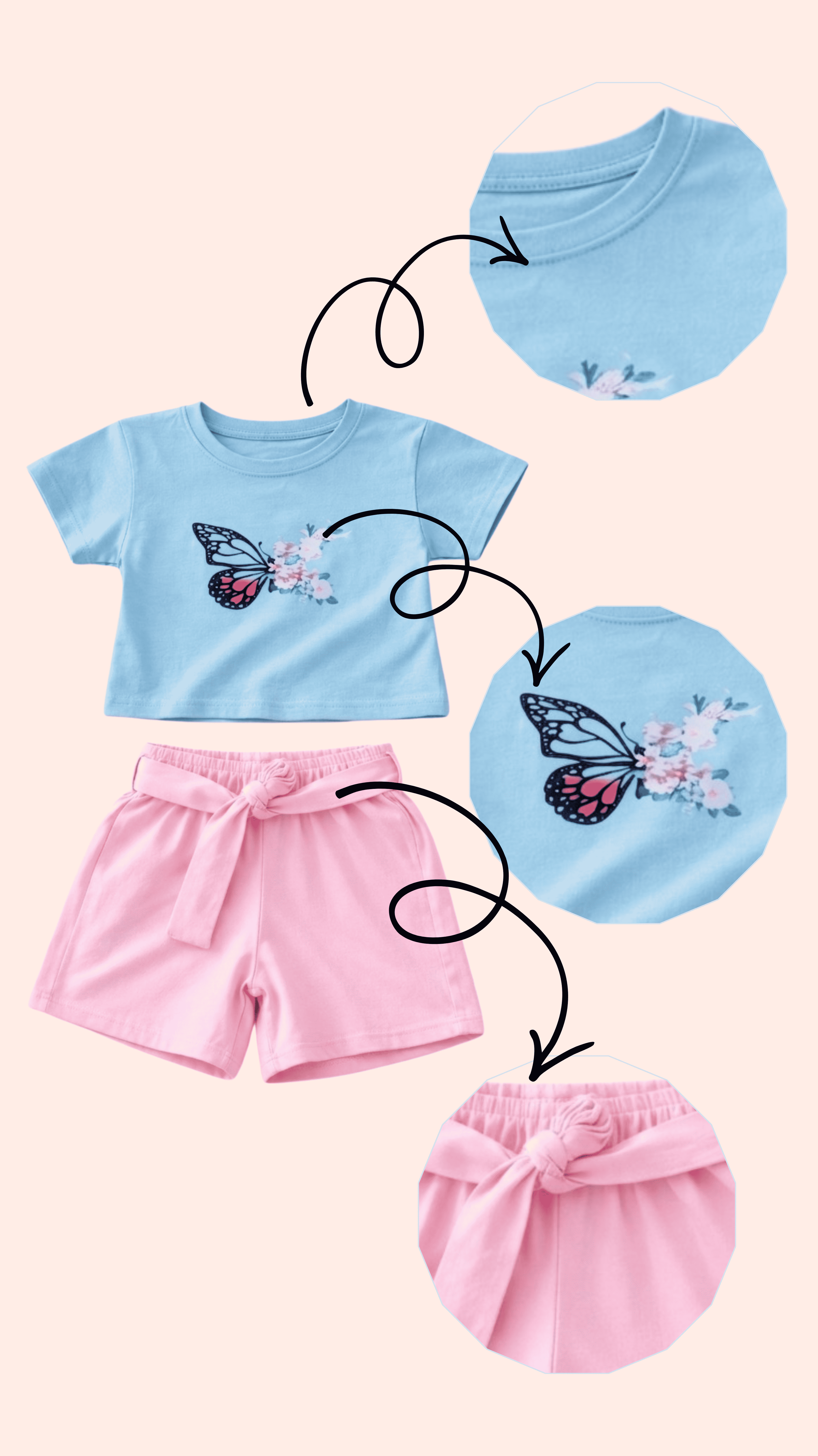 Light blue girls t-shirt with butterfly floral print and pink shorts set