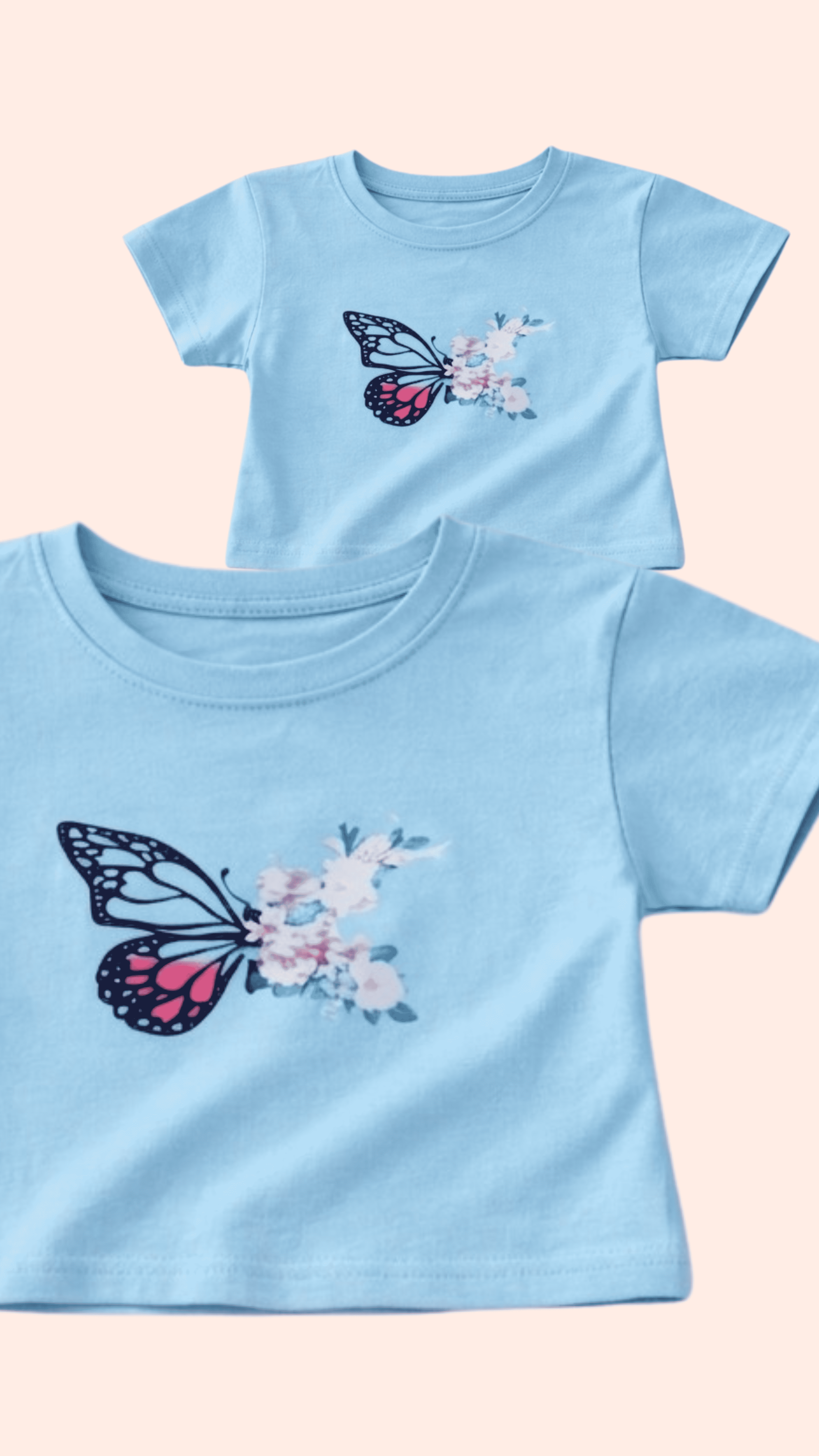 Light blue girls t-shirt with butterfly floral print and pink shorts set