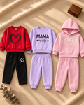Pack of 3 girls winter tracksuit sets in red heart, lavender MAMA mini and pink Los Angeles prints