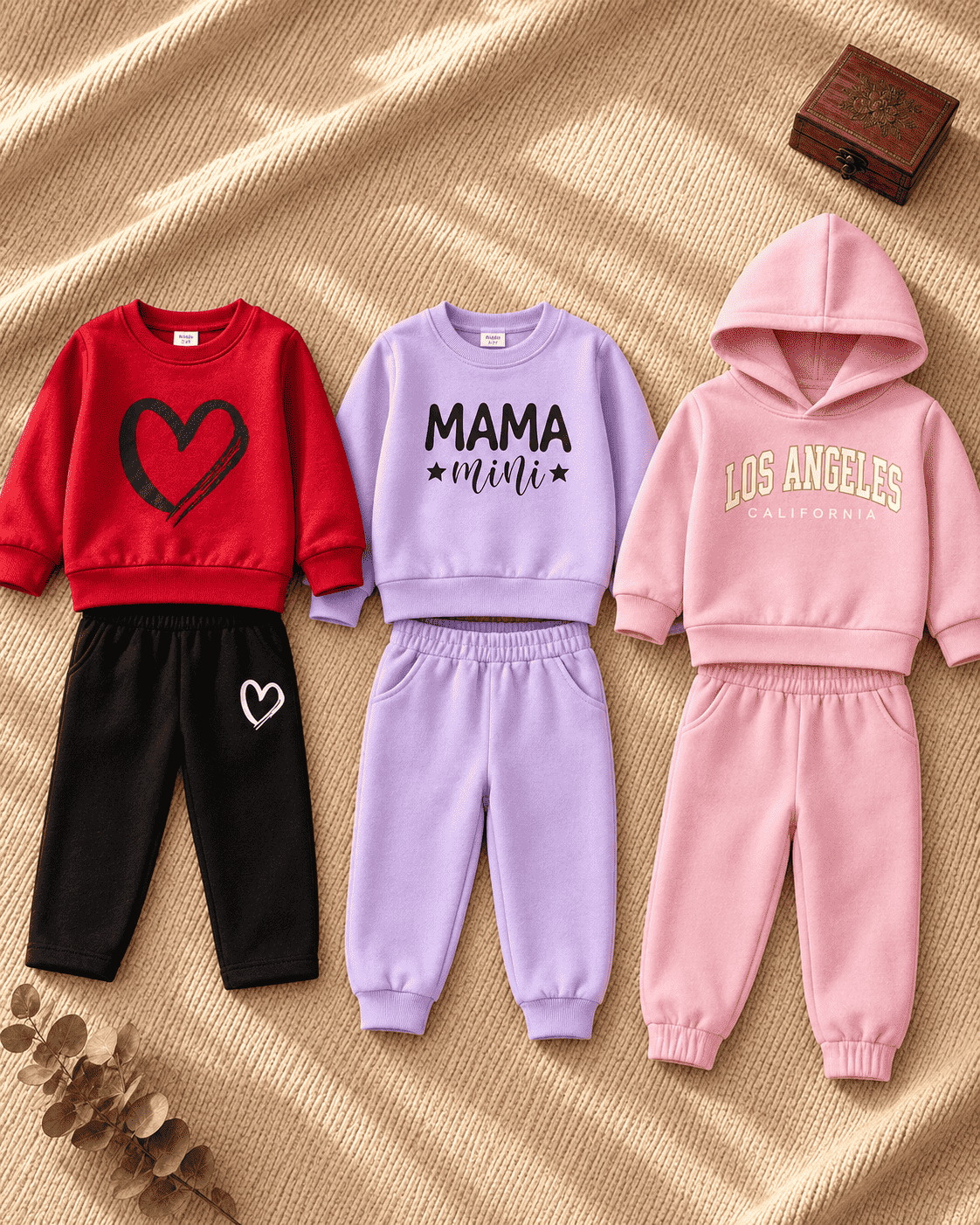 Pack of 3 girls winter tracksuit sets in red heart, lavender MAMA mini and pink Los Angeles prints