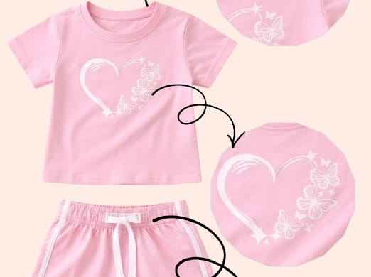 Pink girls outfit set with butterfly heart graphic t-shirt and matching shorts