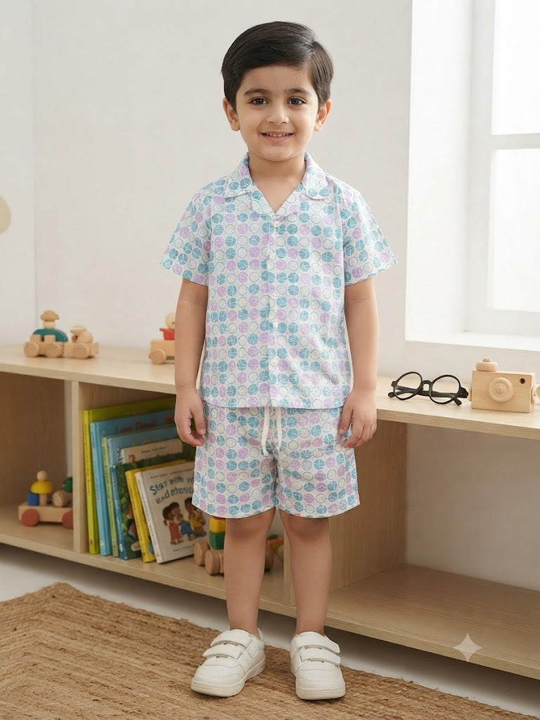 Mini Aura Boys Shirt and Shorts Set ( Circle Print) – White Multi