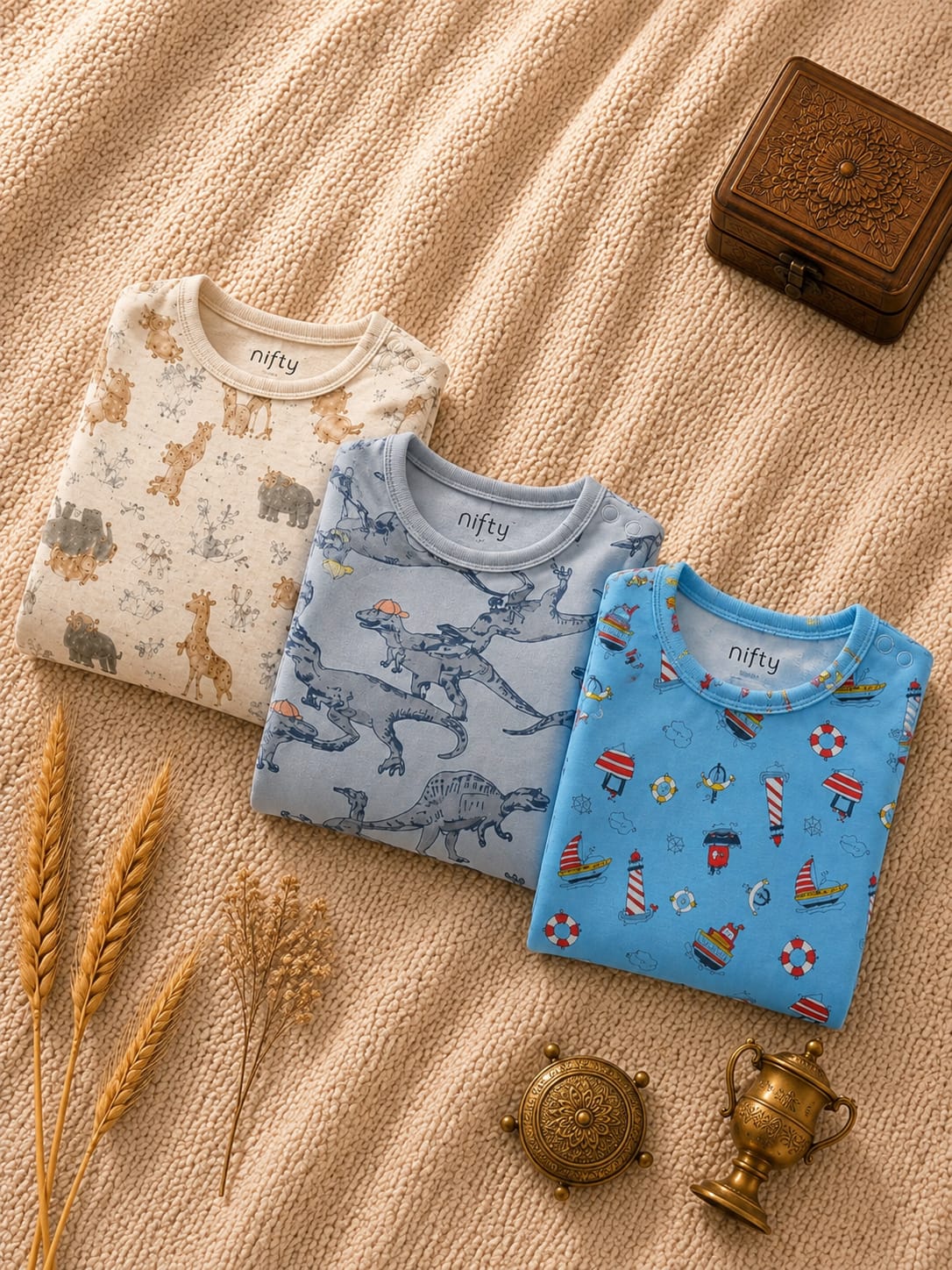 Baby Rompers Pack of 3 – Safari, Dinosaur & Nautical Print Cotton Jumpsuit