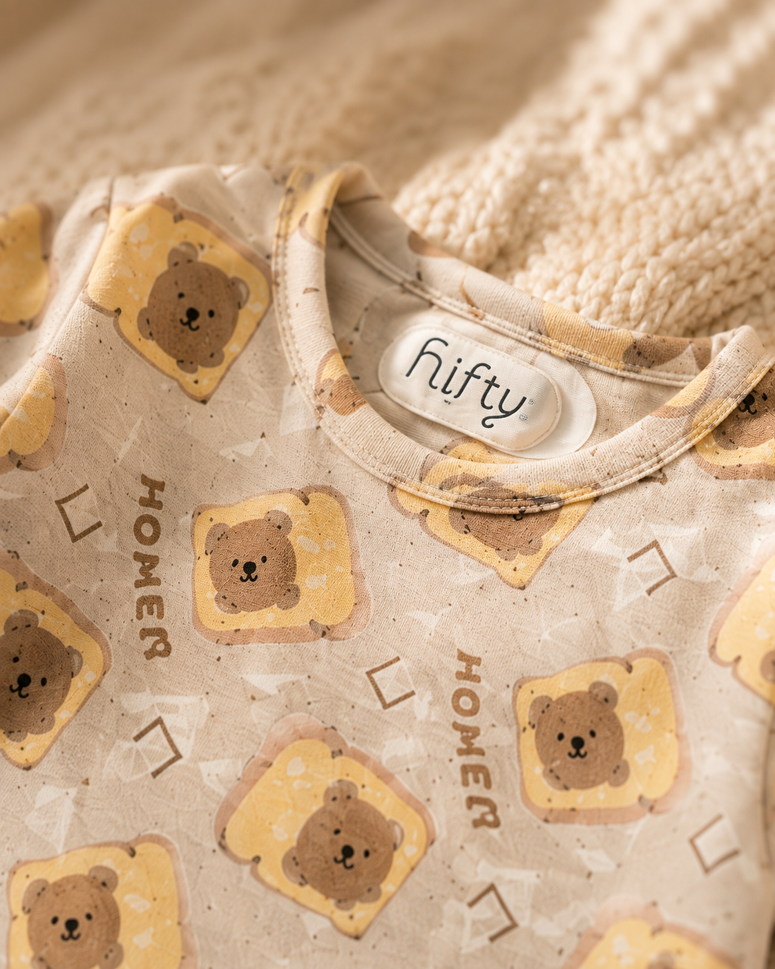 Baby Bear Toast Print Romper | Cream Long Sleeve Jumpsuit
