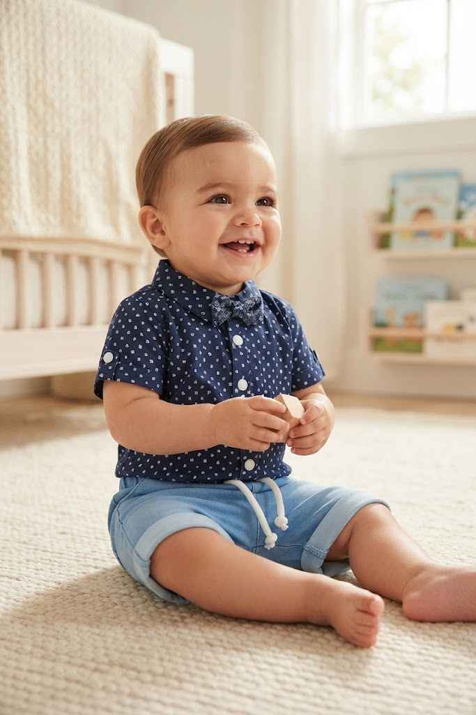 Navy blue baby shirt romper with light blue shorts