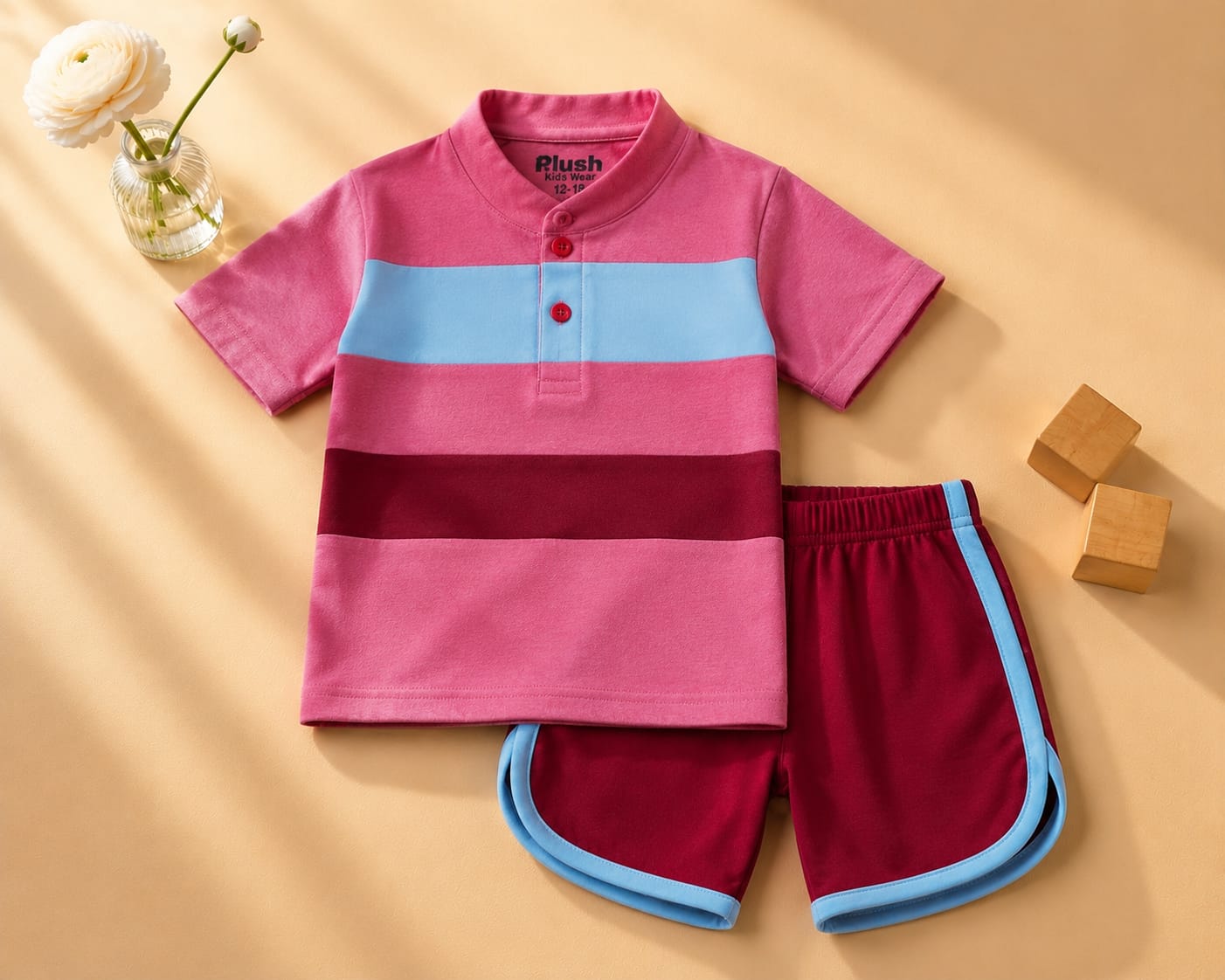 Plush-Baby Plaid Polo Shirt & Shorts-Blue-Red-Pink