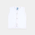 Set of 3 white sleeveless front-open baby vests with snap buttons.
