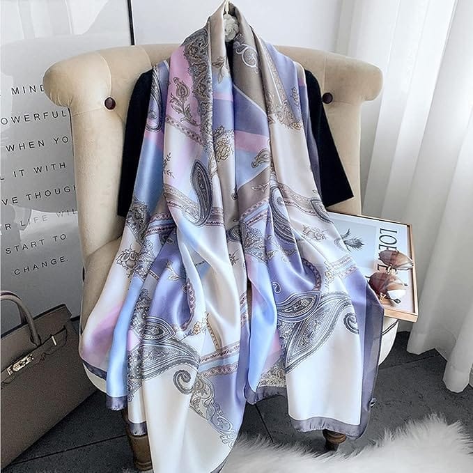 Lavender, light blue, and cream silk-satin scarf featuring a detailed grey paisley and ornamental damask pattern