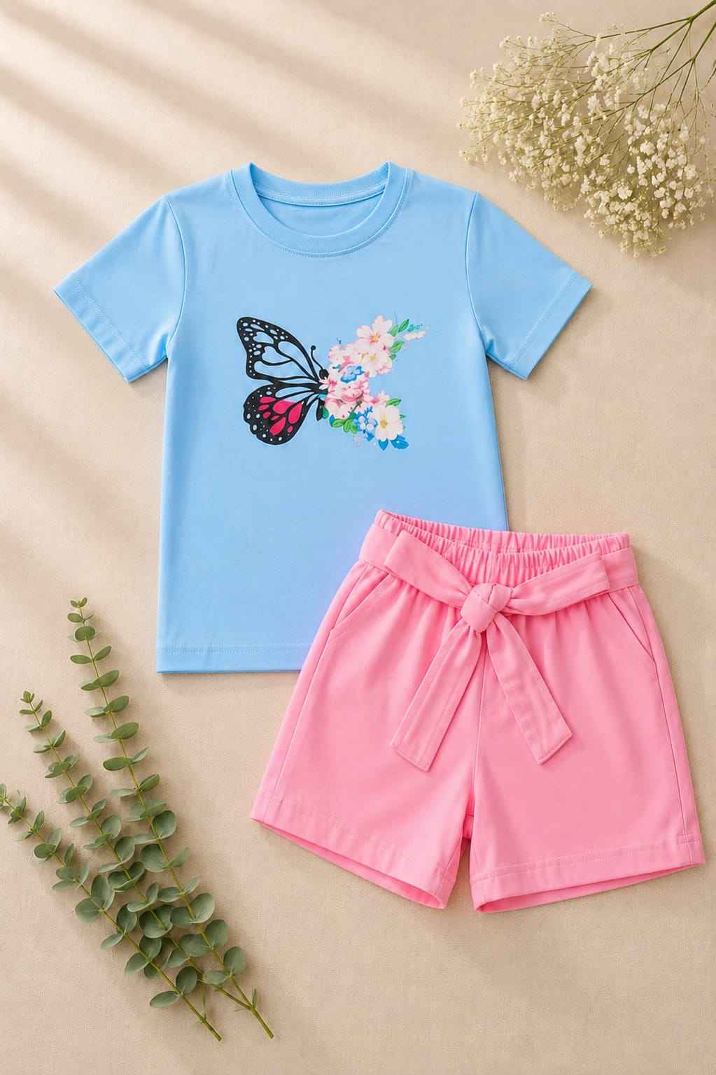 Girls Sky Blue & Pink Contrast T-Shirt & Shorts Set