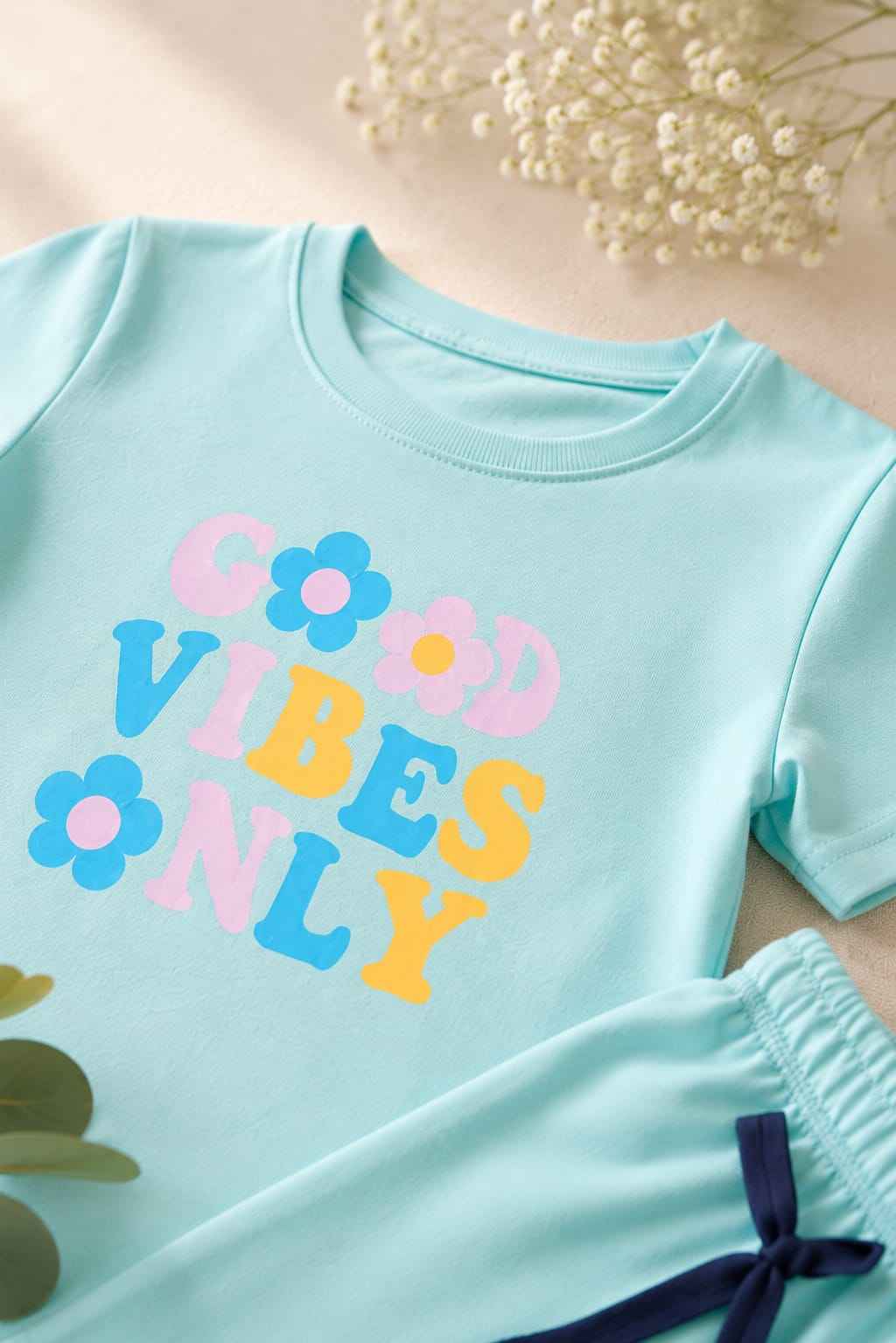 Girls Mint Green "Good Vibes Only" T-Shirt & Shorts Set