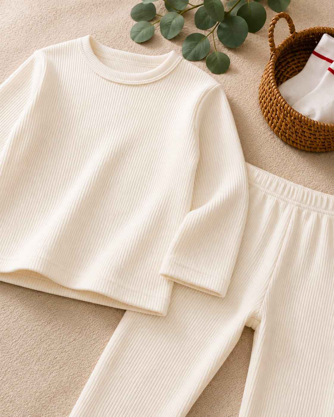 Plush Round Neck Style Ribbed Knit Sweat Set - White