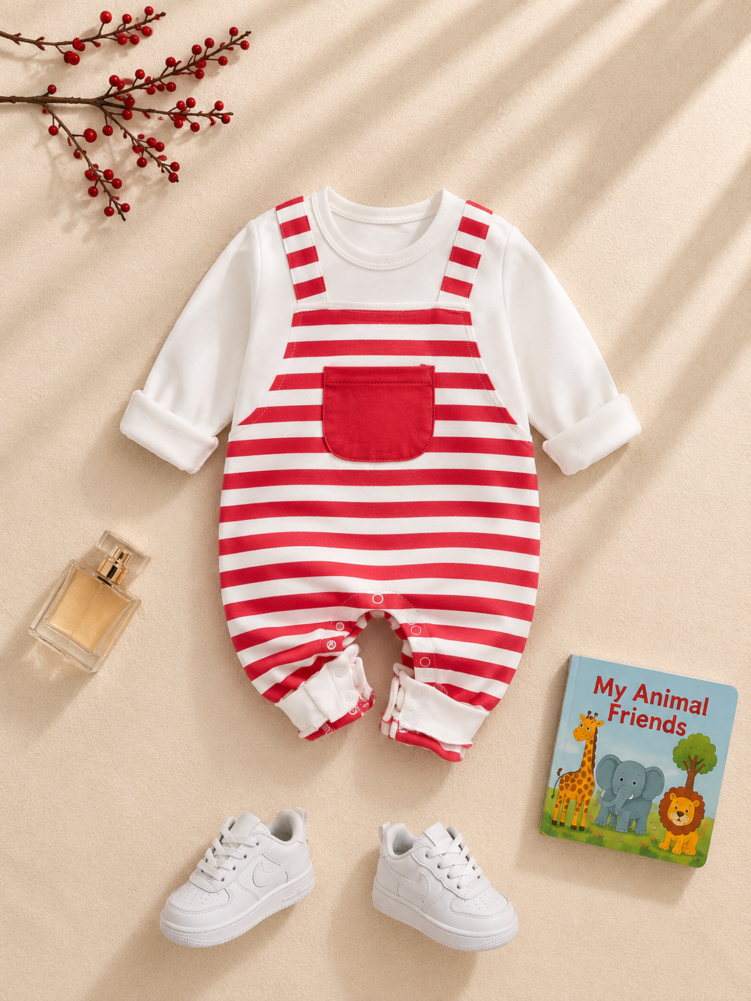 Plush-Printed Rompers - Striped - Red