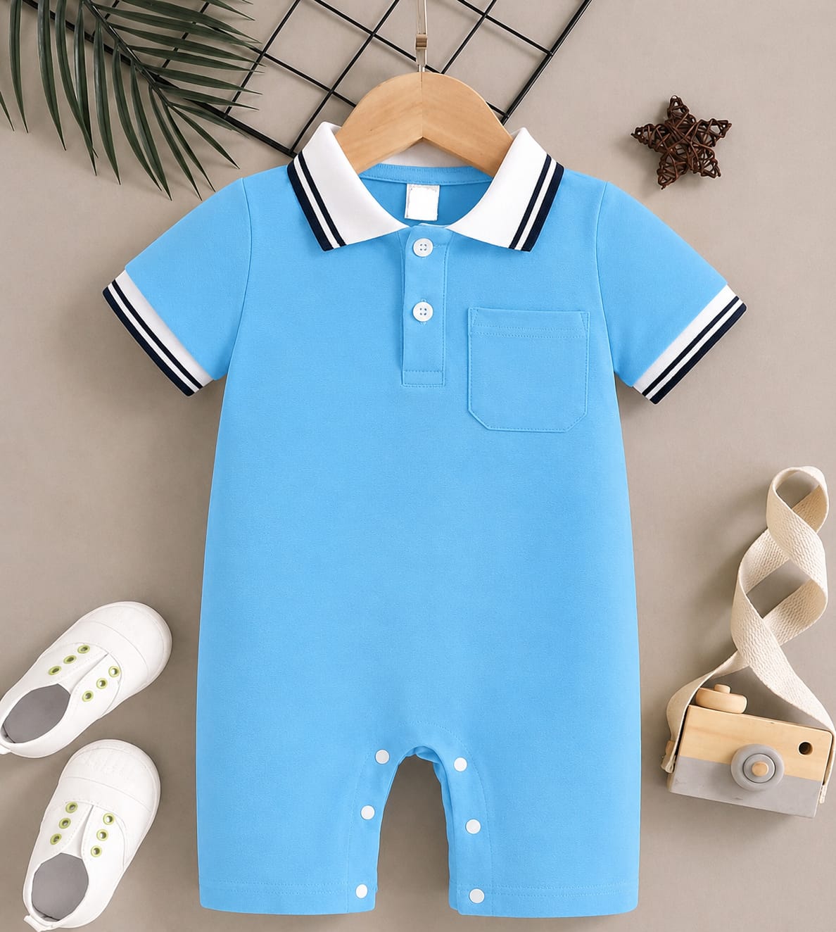 Sky Blue Polo Romper for Babies | Soft Interlock Bodysuit