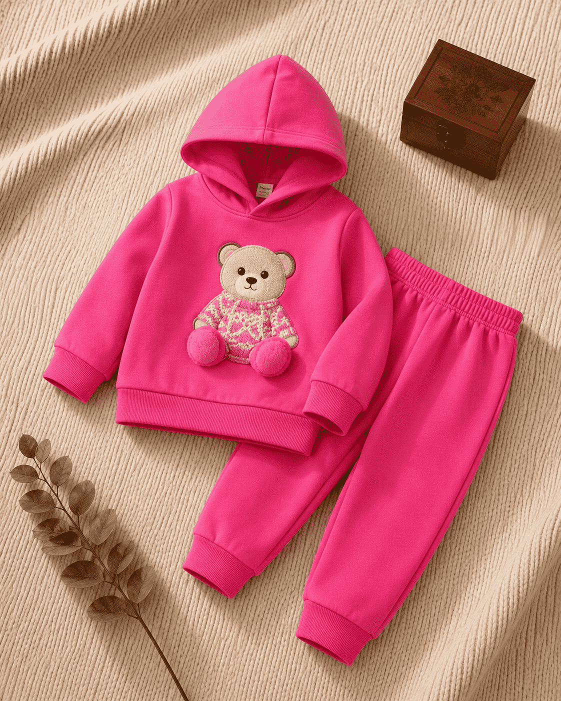 Plush Hoodie Style - Basic Bear Fleece Sweat Set Baby Pink