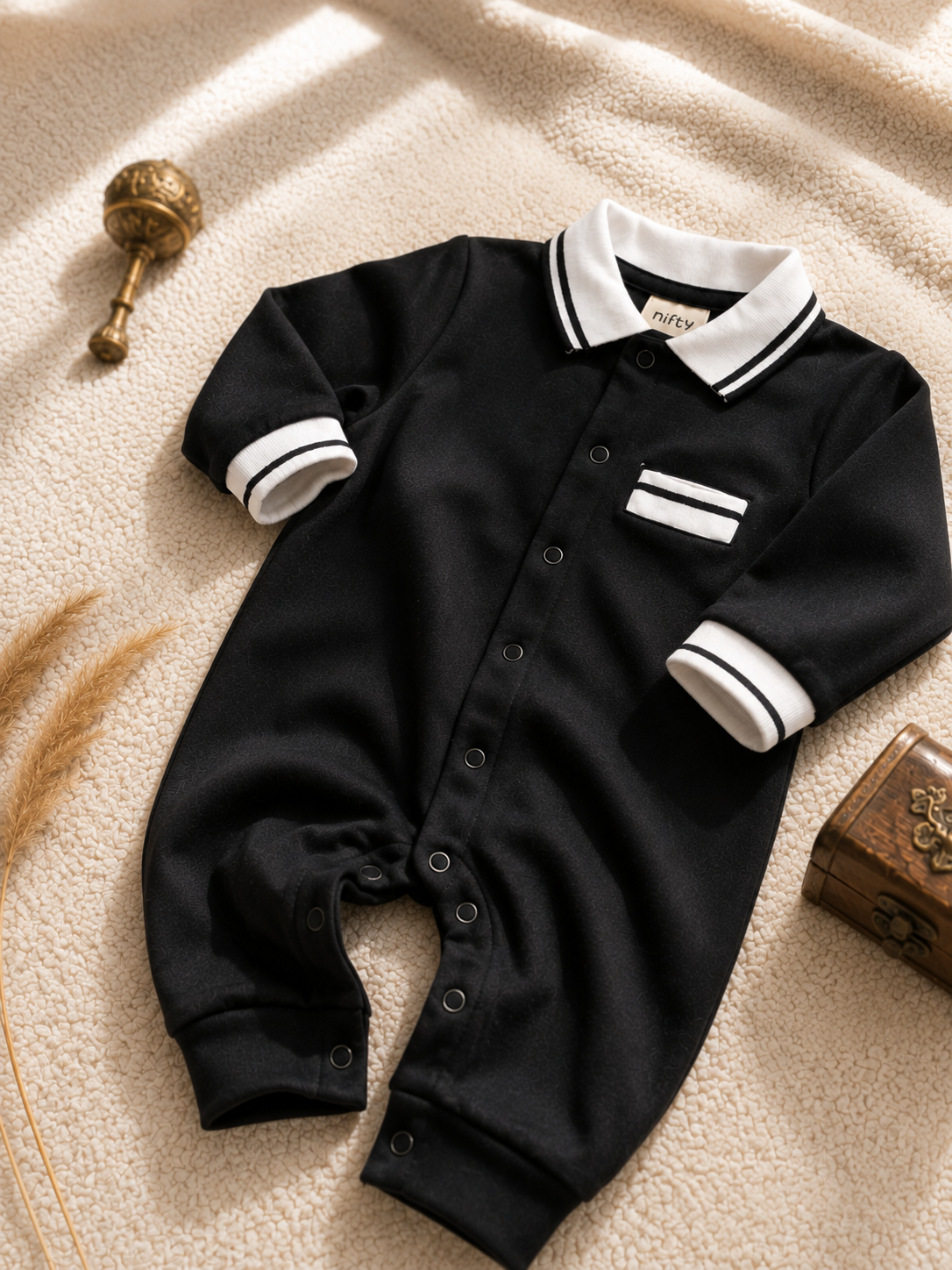 Baby Boy Romper – Black with White Striped Collar Jumpsuit