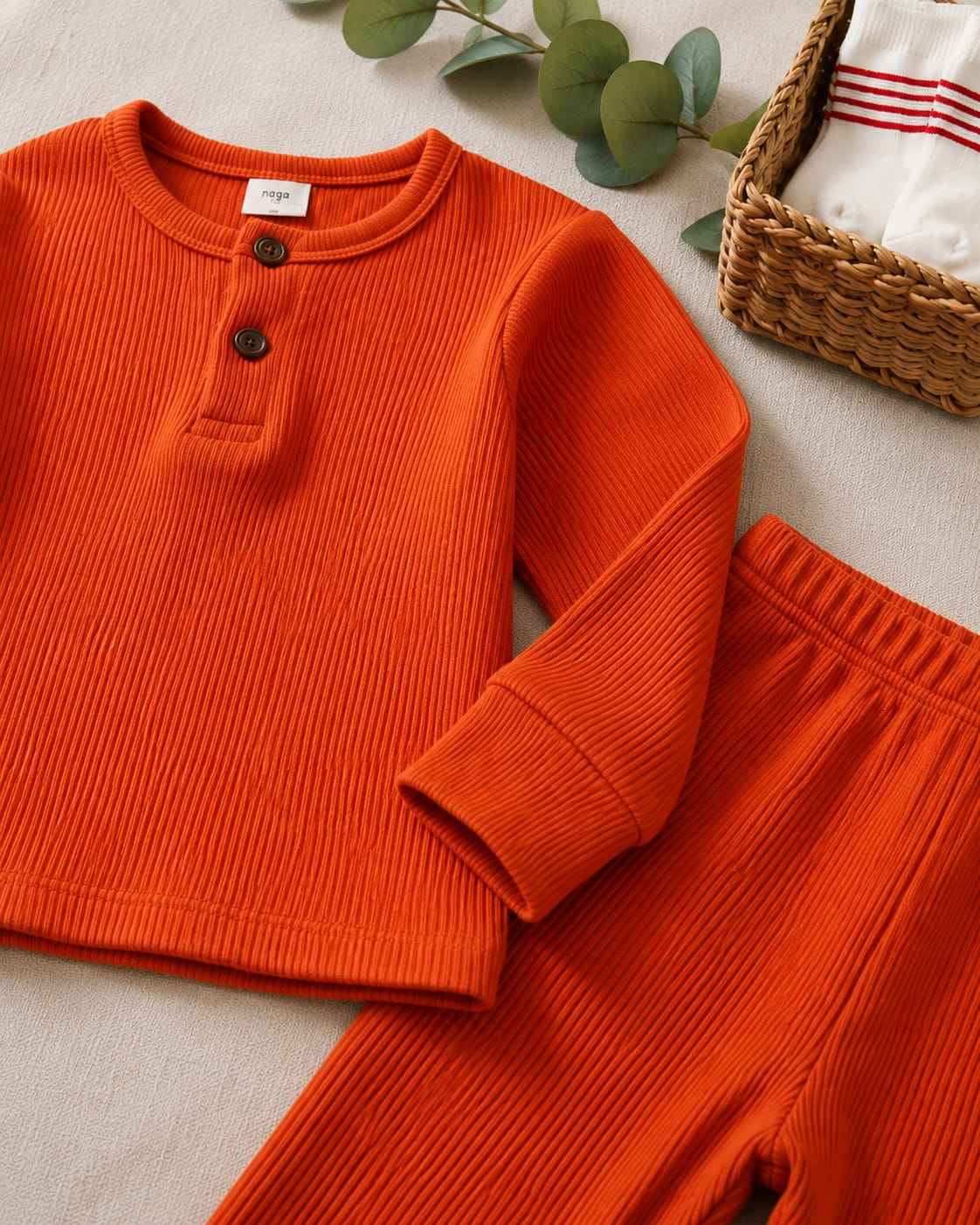 Plush Round Neck Style Ribbed Knit Basic Set - Orange
