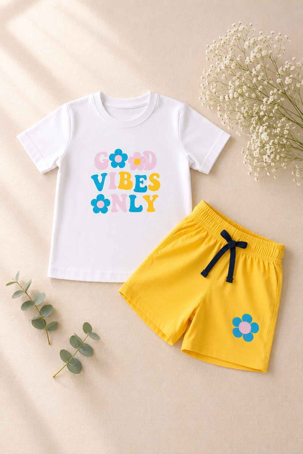Girls White & Yellow "Good Vibes Only" T-Shirt & Shorts Set
