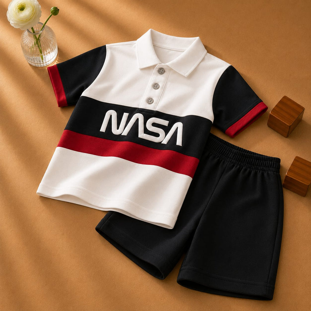 Plush-Baby Plaid Polo Shirt & Shorts-White-Black