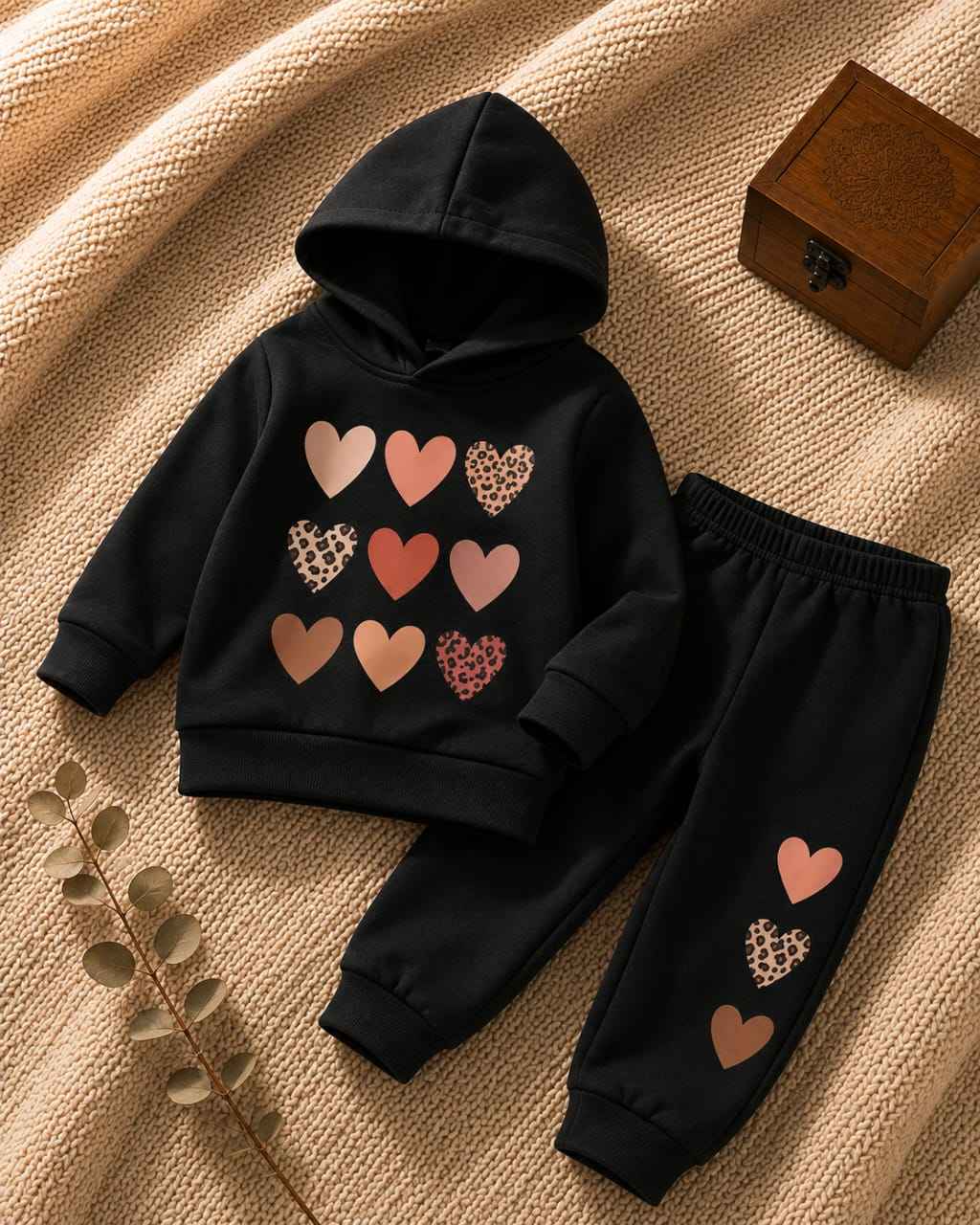 Plush - Hoodied Fleece Shirt & Trouser - Hearts in Black
