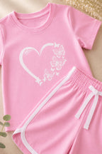 Girls Pink Butterfly Heart T-Shirt & Shorts Set