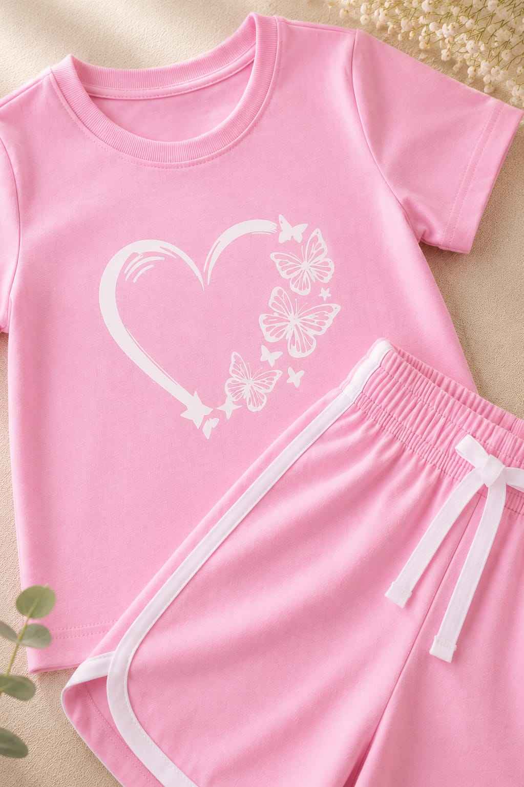Girls Pink Butterfly Heart T-Shirt & Shorts Set