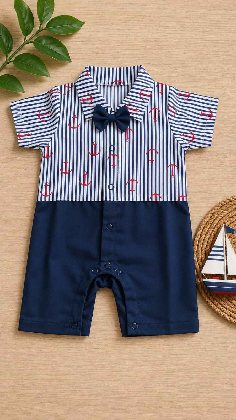 Navy anchor print baby romper with bow tie