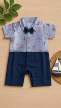 Navy anchor print baby romper with bow tie