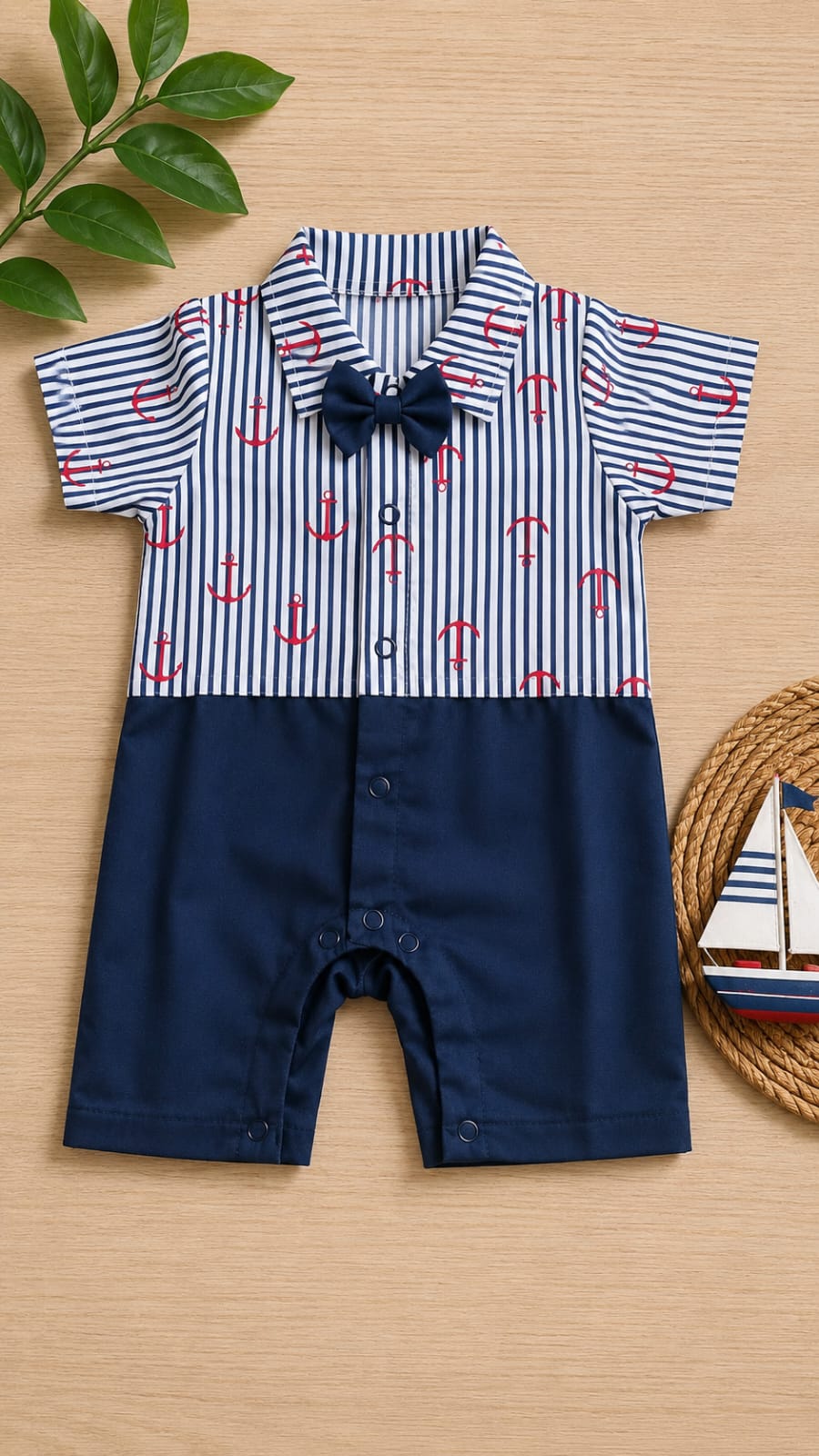 Navy anchor print baby romper with bow tie