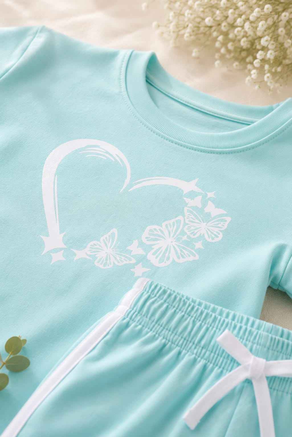 Girls Sea Green Butterfly Heart T-Shirt & Shorts Set