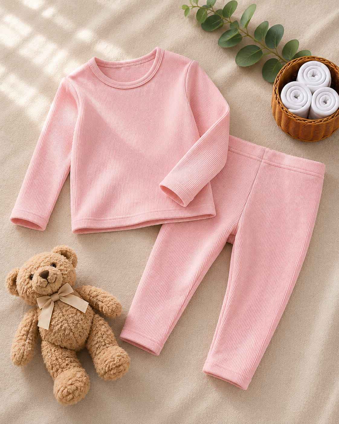 Plush Round Neck Style Ribbed Knit Sweat Set - Baby Pink