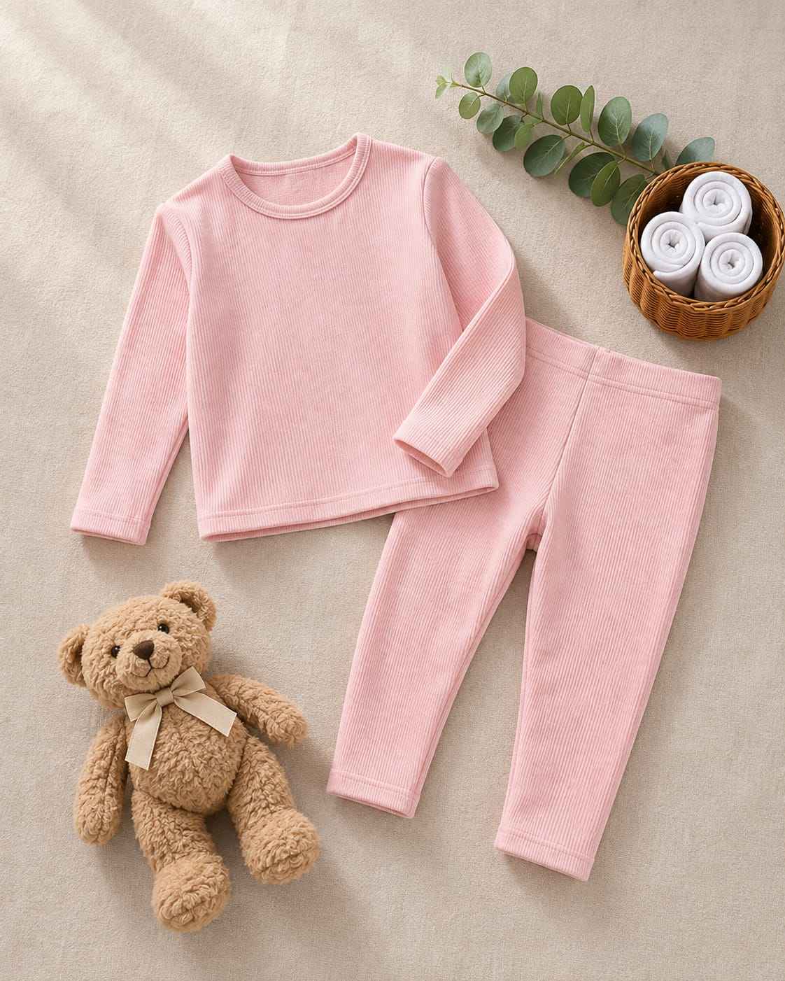 Plush Round Neck Style Ribbed Knit Sweat Set - Baby Pink