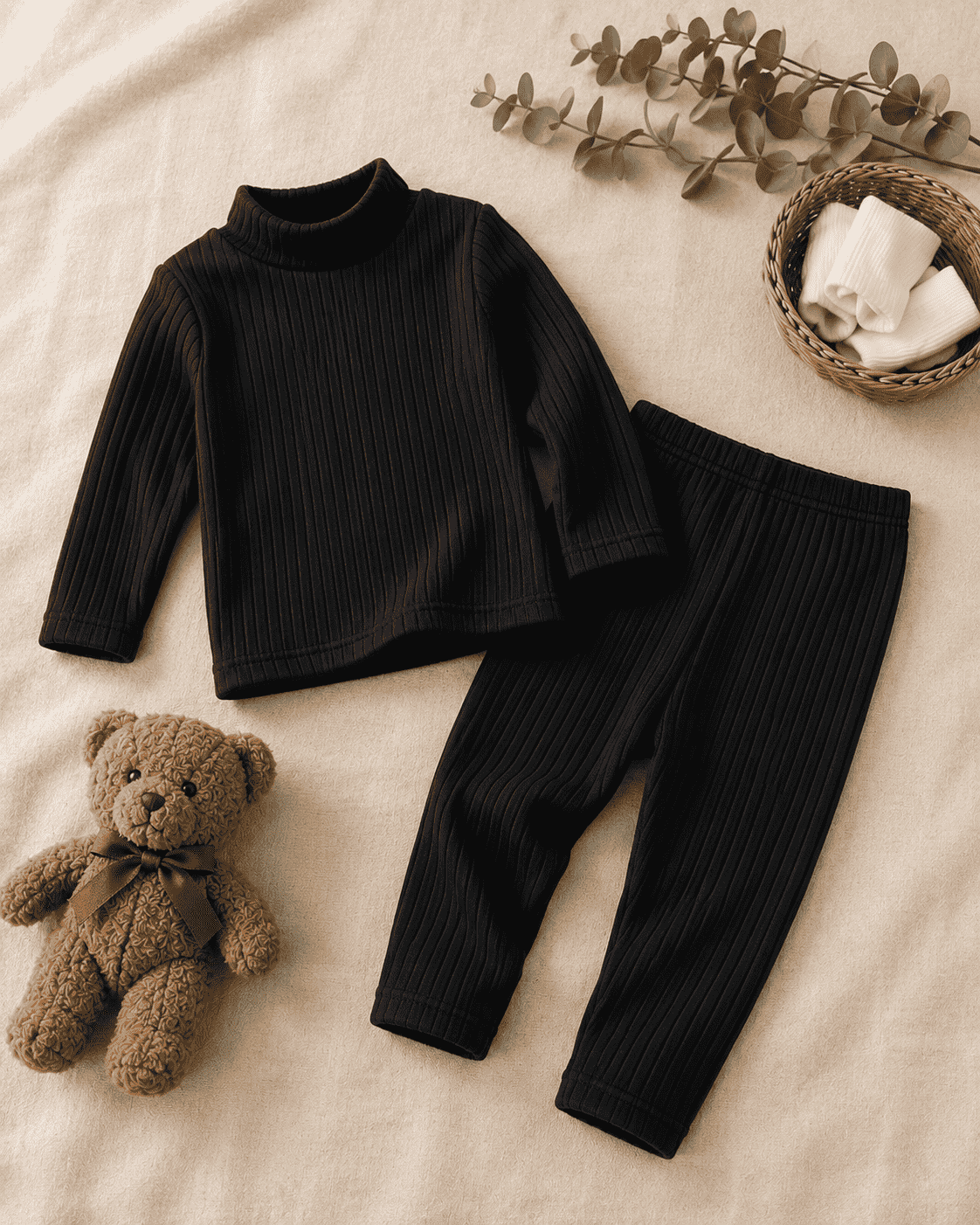 Plush High Neck Style Ribbed Knit Sweat Set - Black