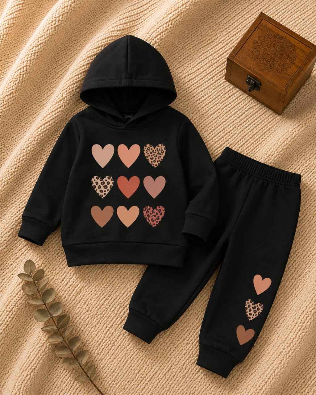 Plush - Hoodied Fleece Shirt & Trouser - Hearts in Black