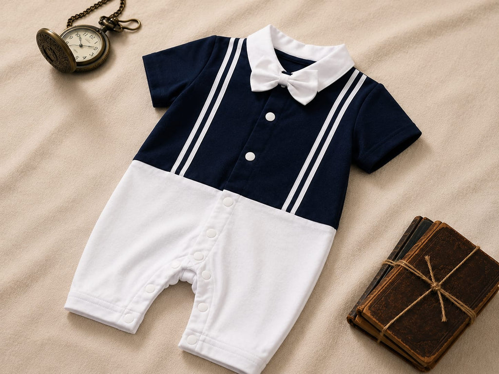 Navy Blue & White Bow Tie Polo Romper for Babies | Soft Interlock Bodysuit