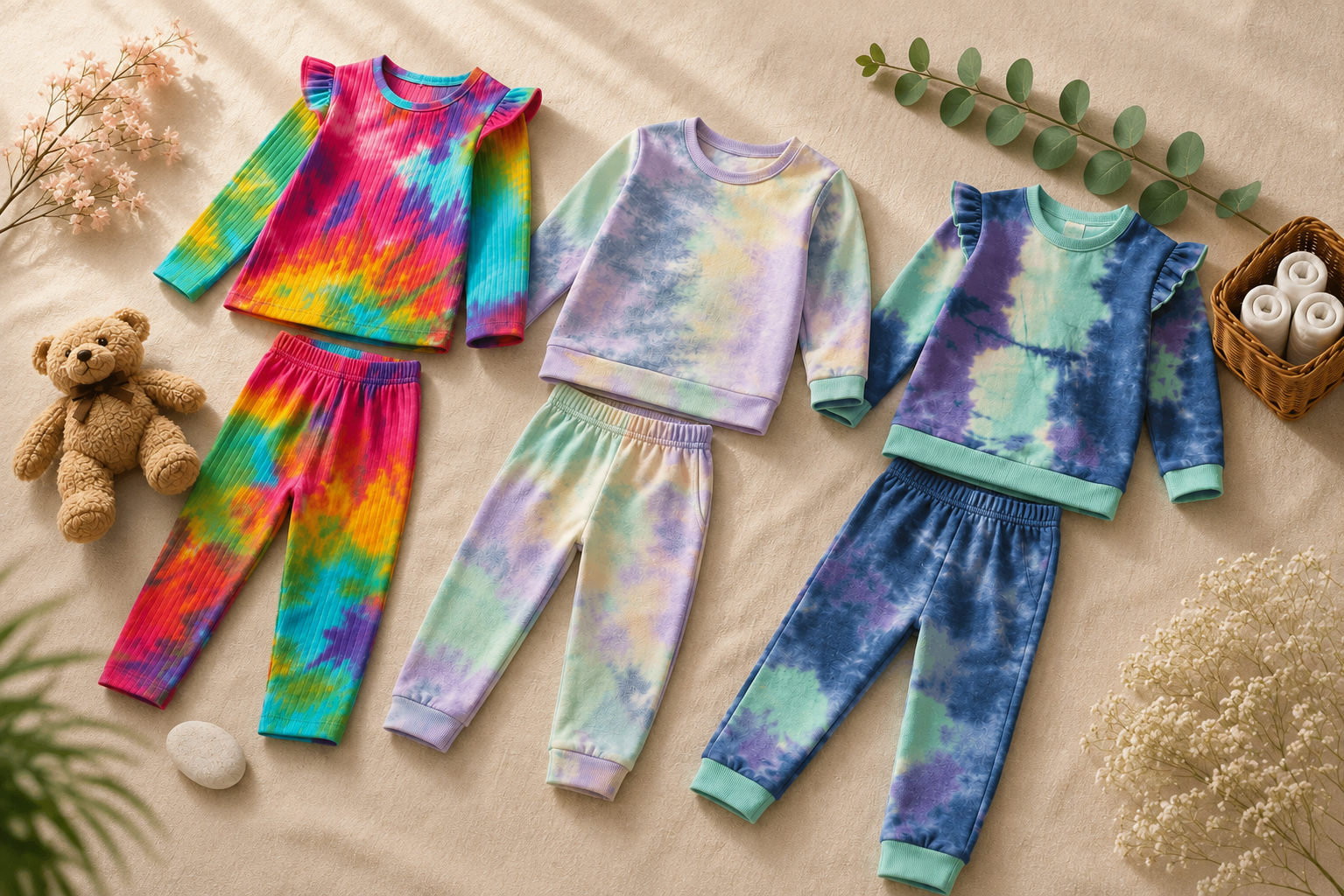 Baby Girl Tie-Dye Ruffle Outfit Set – Pack of 3