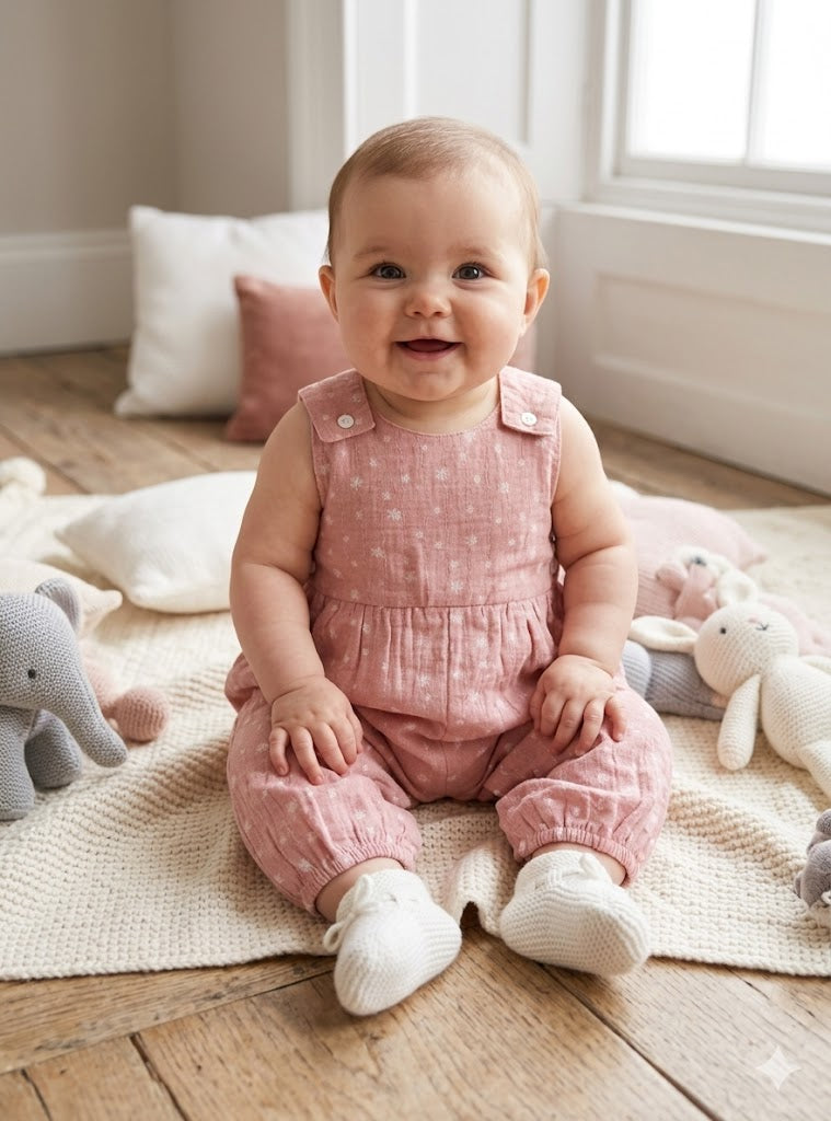 Pink sleeveless baby girls romper with white floral print and button details

