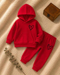 Plush  Hoodied Fleece Shirt & Trouser - Heart Basic in Red