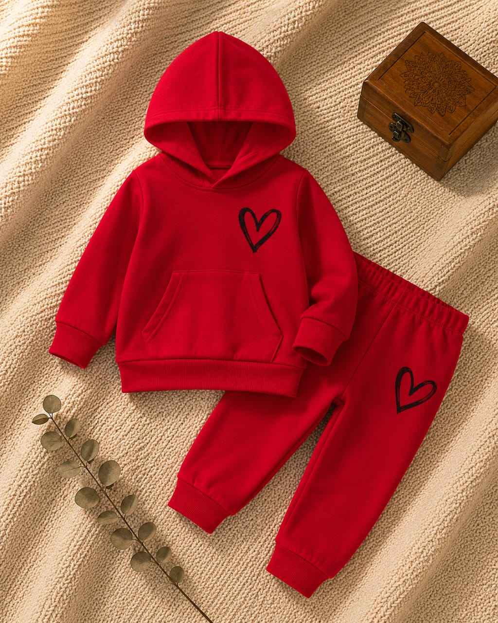 Plush  Hoodied Fleece Shirt & Trouser - Heart Basic in Red