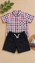 Boys red blue check shirt and navy shorts set