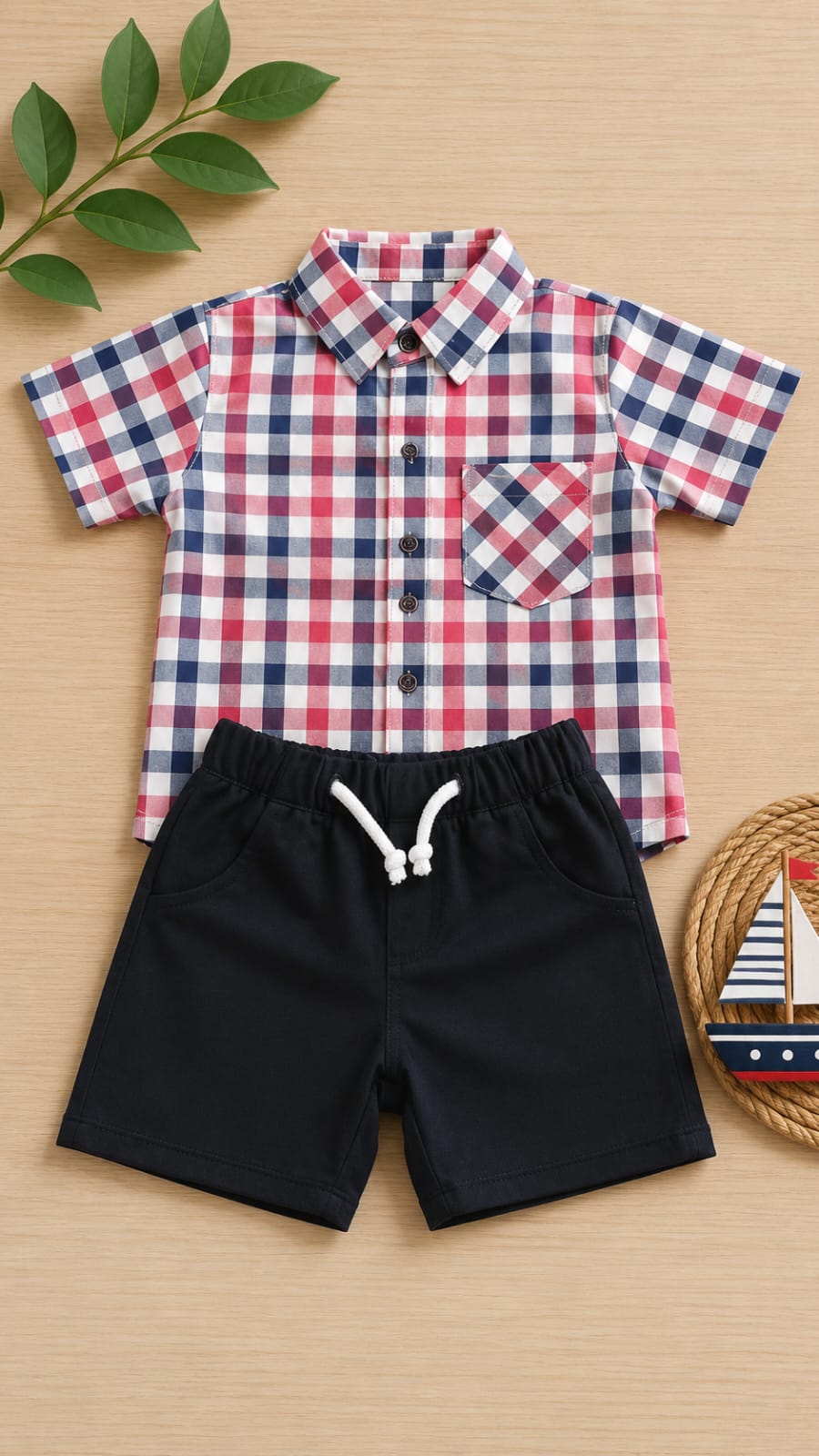 Boys red blue check shirt and navy shorts set