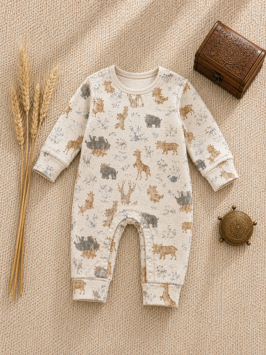 Cream baby romper with elephant giraffe print