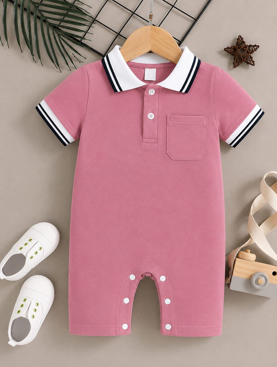 Plush-Polo Romper - Pink with white Collars