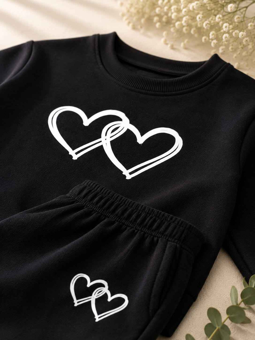 Girls Black Heart Print T-Shirt & Trouser Set