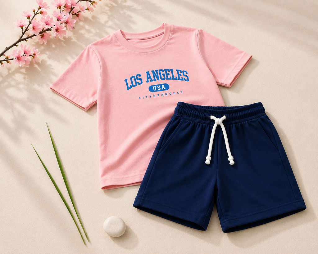 Boys Peach & Navy "Los Angeles" T-Shirt & Shorts Set