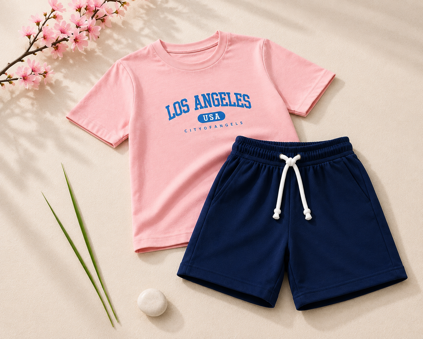 Boys Peach & Navy "Los Angeles" T-Shirt & Shorts Set